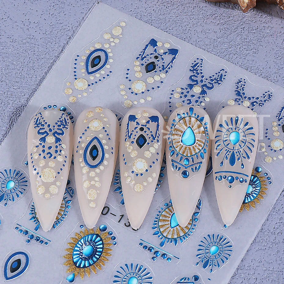Autocollants pour ongles, 2 pièces, motif de pétales de Totem blanc et bleu, décalcomanies auto-adhésives pour ongles, Style bohème, décoration de manucure à faire soi-même, curseurs