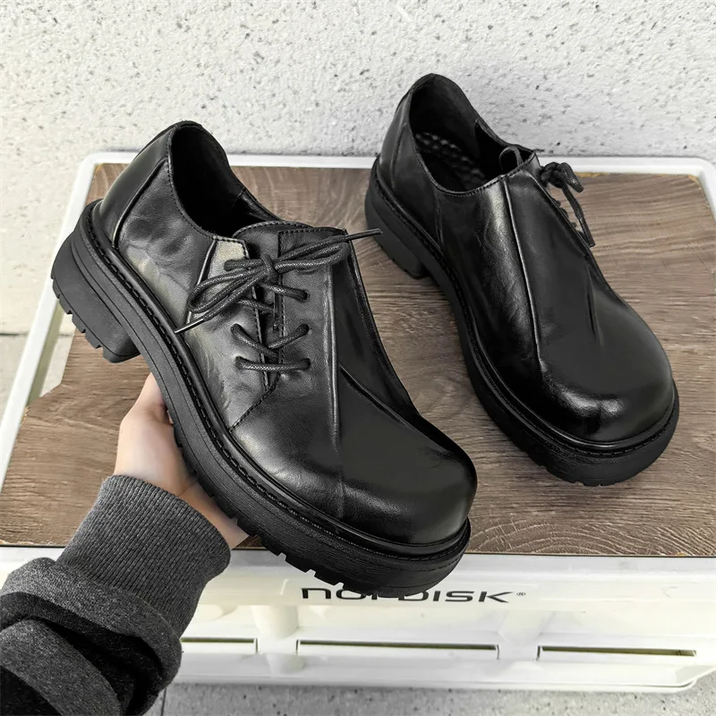 

Versatile Black Thick Sole Raised Toe Commuter Men and Women Trendy British Style Business Casual Derby Shoes Zapatos De Hombre