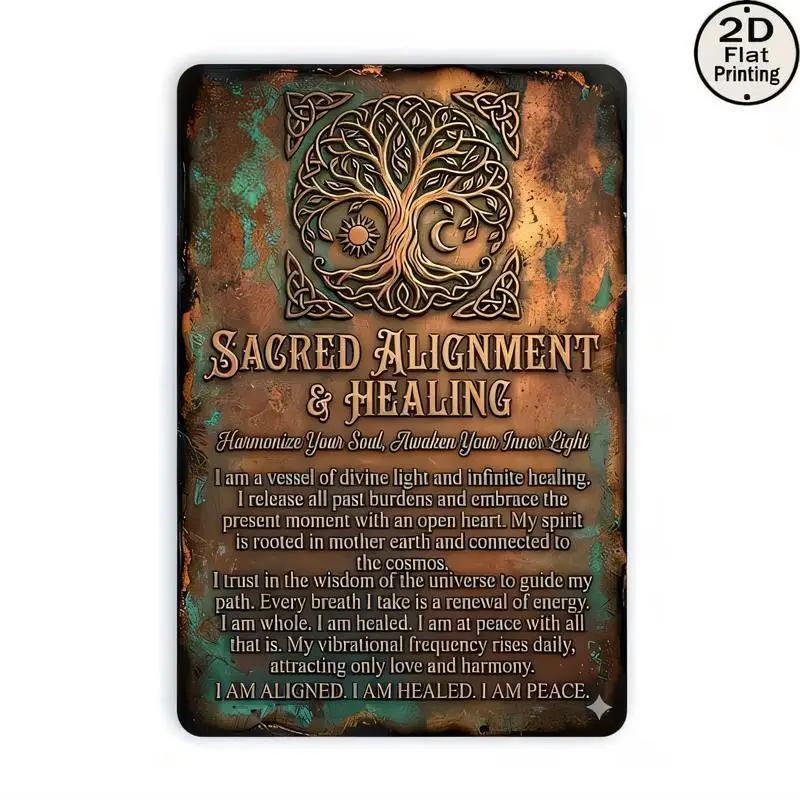 2D Flat Printed Sacred Alignment Healing Metal Sign - Tree of Life, Knots, Rustic Copper - Teal Retro Wall Art for Boho Home, Me