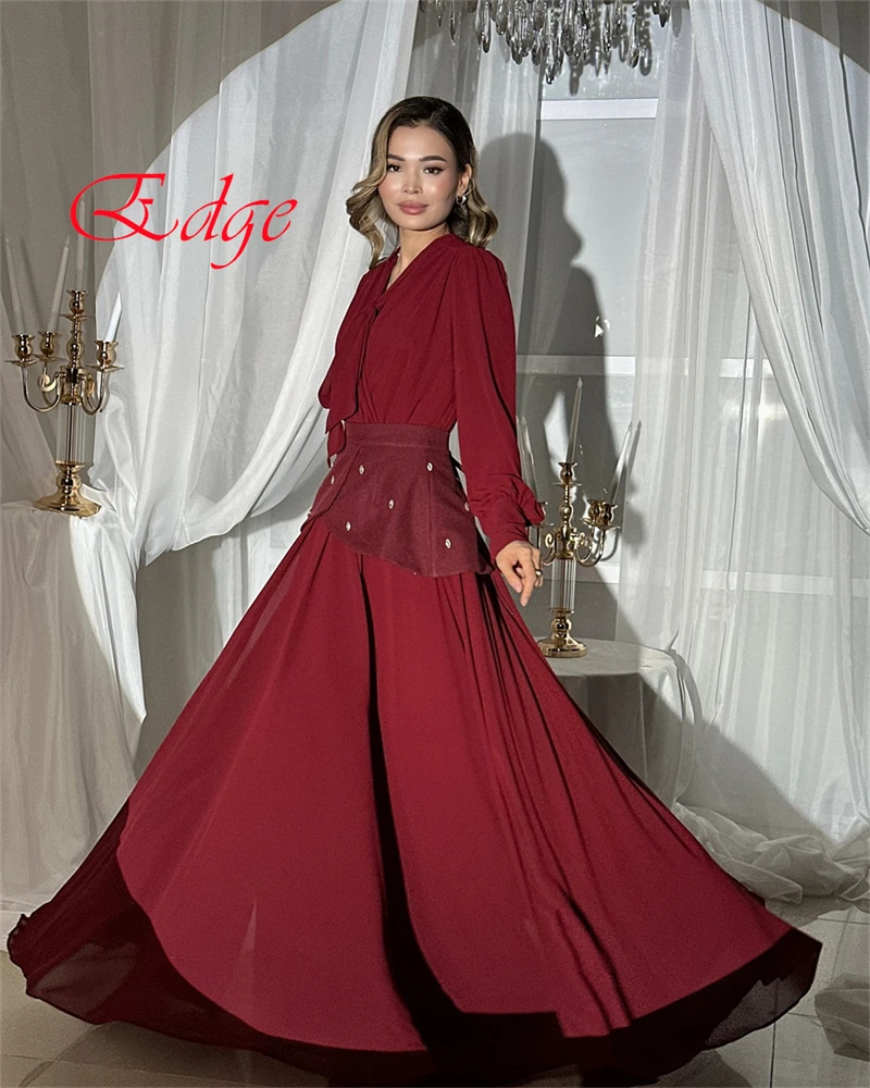 Customized Modern Burgundy Jersey Evening Dress Exquisite V-Neck Long Sleeves Lace Up Back Belt Sweep Train Homecoming Dress