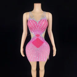 Diamond-encrusted Suspender Halter Sexy Hip-wrapped Side Split Pink Short Evening Dress Party Party High-end Performance Dress