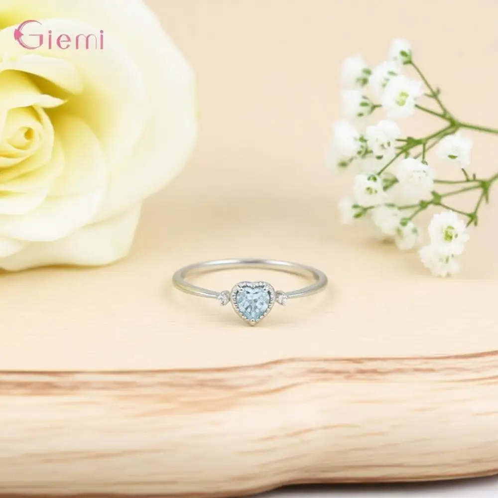 Luxury 925 Sterling Silver Blue Cubic Zricon Wedding Rings for Women Minimalist Thin Heart Zirconia Rings Jewelry Bijoux