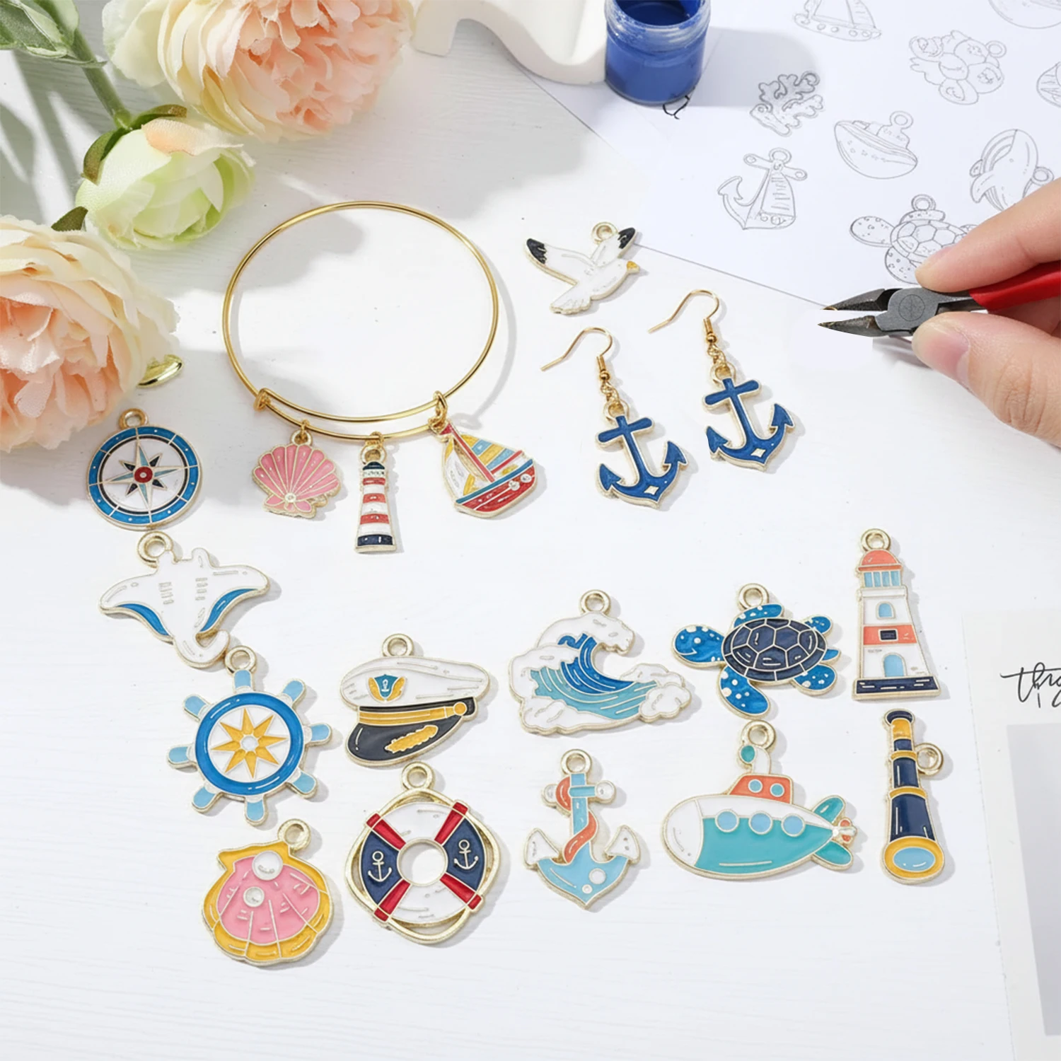 5/20Pcs Marine Nautical Charms Ocean Sea Theme Anchor Rudder Boat Lighthouse Enamel Charms for Summer DIY Jewelry Accessories