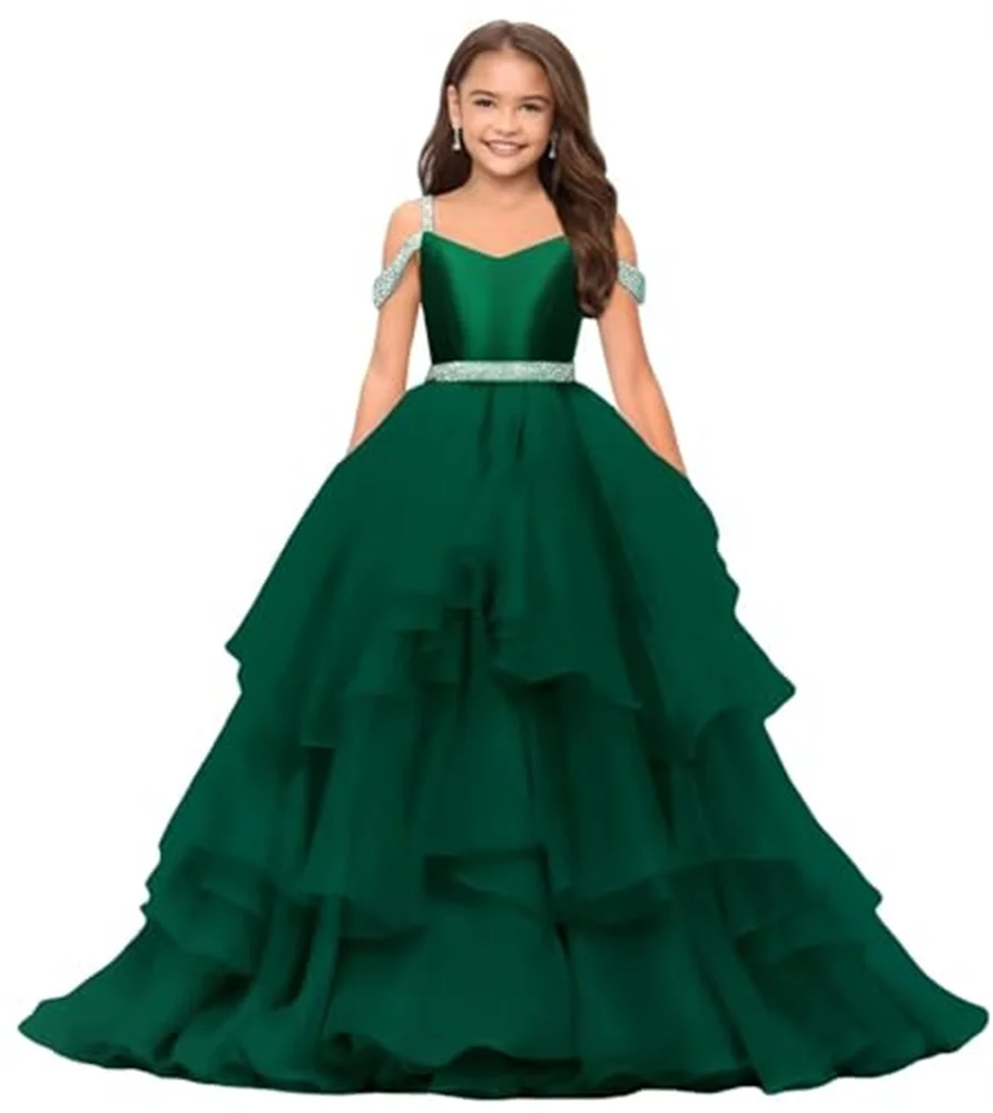 Emerald Tiered Floor Length Shiny Beading Flower Girl Dress Simple Elegant Kids Quinceanra First Communion Brithday Customized