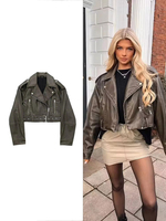 TRAF Women's Vintage Loose Leather Jacket Belt Shoulder Badge Zipper Lapel Jacket Handsome Washed Leather Motorcycle Clothing