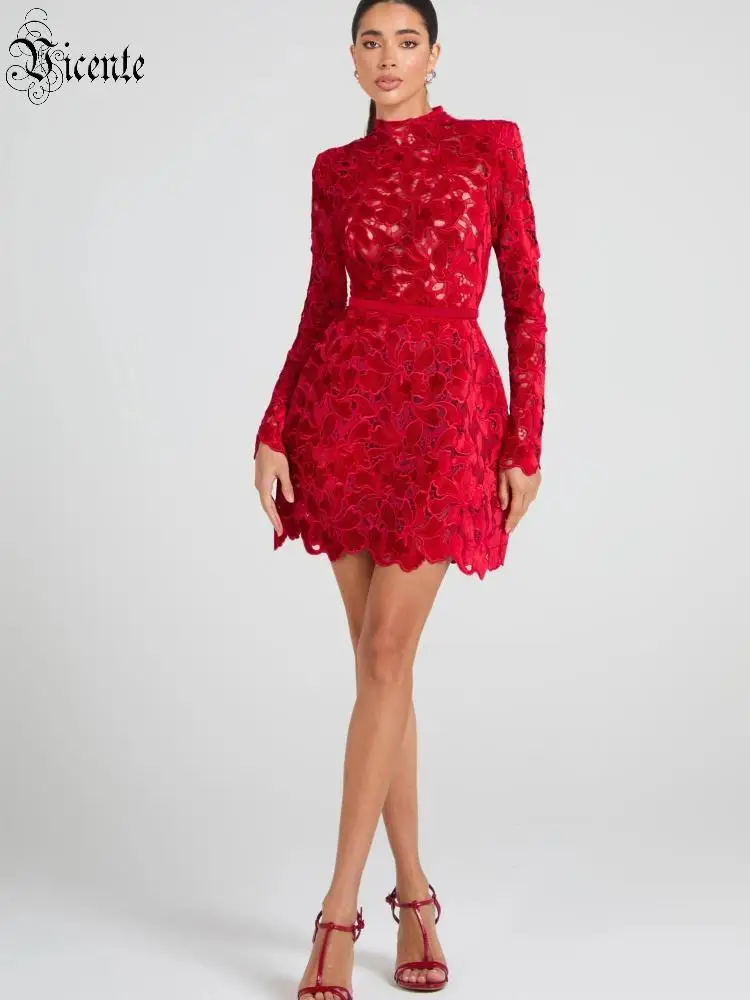 VC Party Retro Glamour Red Lace Waist-Cinched Long Sleeves Mini Dress Fashion Sexy Evening Gown
