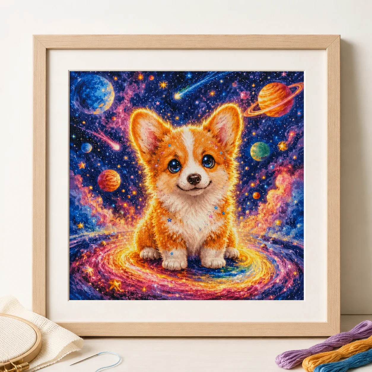 [ZZ8672-Planet Corgi] Stamped Cross Stitch Kit 11CT 14CT 16CT 18CT Printed Canvas Cotton Thread Embroidery Needlework Wall Decor