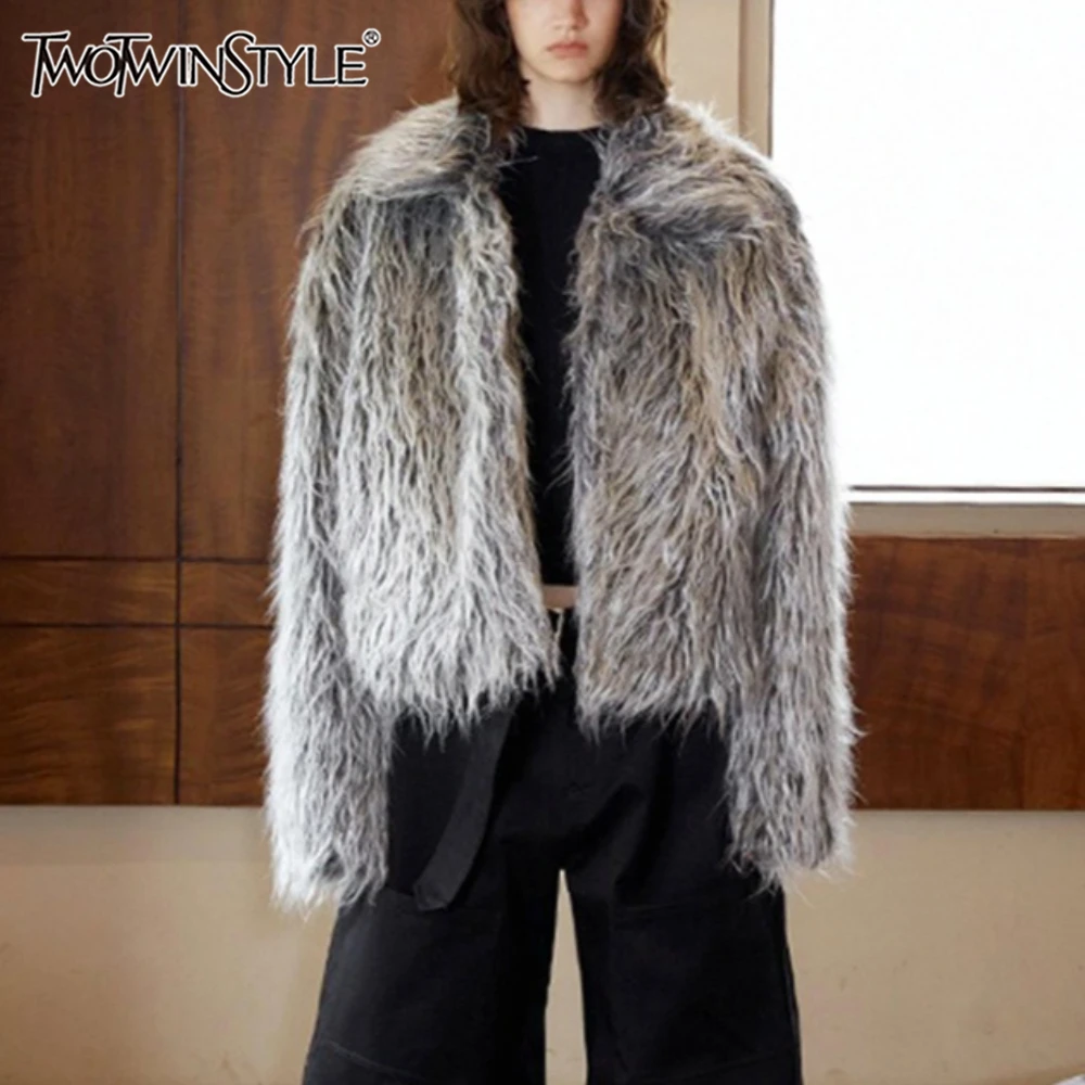 

TWOTWINSTYLE Gray Spliced Fur Luxury Jacket Female Lapel Long Sleeve Loose Casual Lazy Women's Jackets Autumn Fashion Clothing
