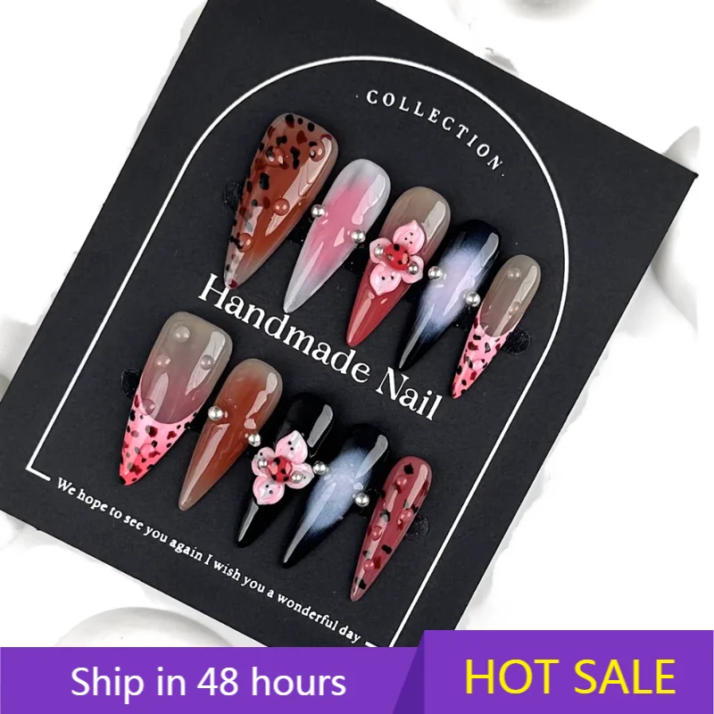 

YTYIN 3D Flower Artificial Nails Finger Manicure Luxury Handmade Gel Press on Nails Medium Long Rhinestone Nails Square Bling Gl