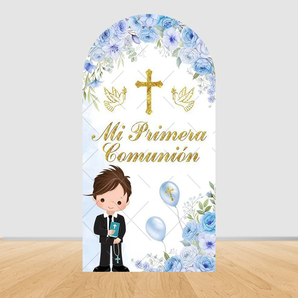 First Holy Communion Arch Backdrop Cover Boys Girls Christening God Bless Cross Green Leaves Decor Backgrounds for Photographs view 4