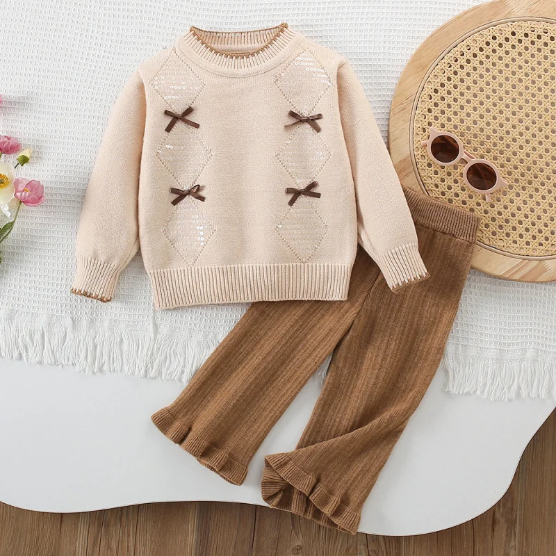 Girls Sweater Set Autumn Winter New Fashionable Little Girl Knitted Pullover with Small Bow Two-Piece Set Trendy