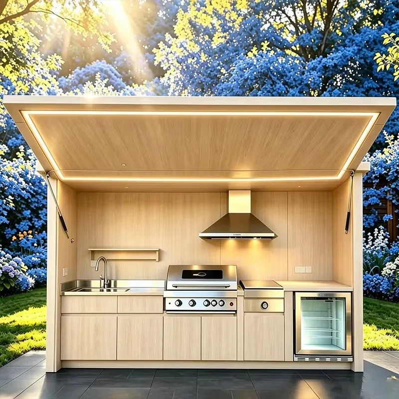 Adjustable Grill Cabinet Aluminum BBQ Grill Base Modular Outdoor Kitchen Station Marble Countertop Mediterranean Modern Design