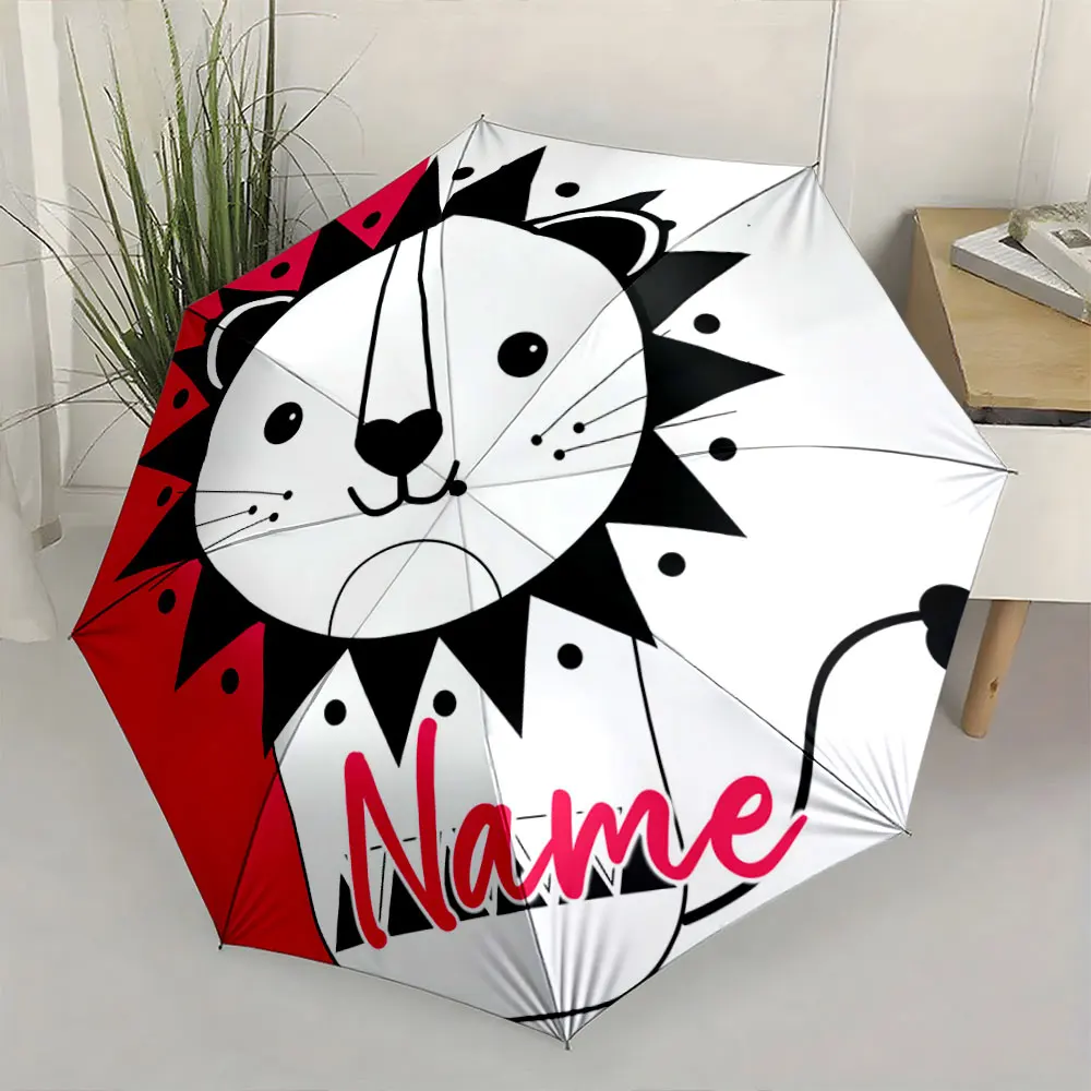 Custom Name Lion-Themed Umbrella with Playful Design 8 Iron Ribs Folding Umbrella Auto-Open Fashionable Sunshade Deluxe Gift