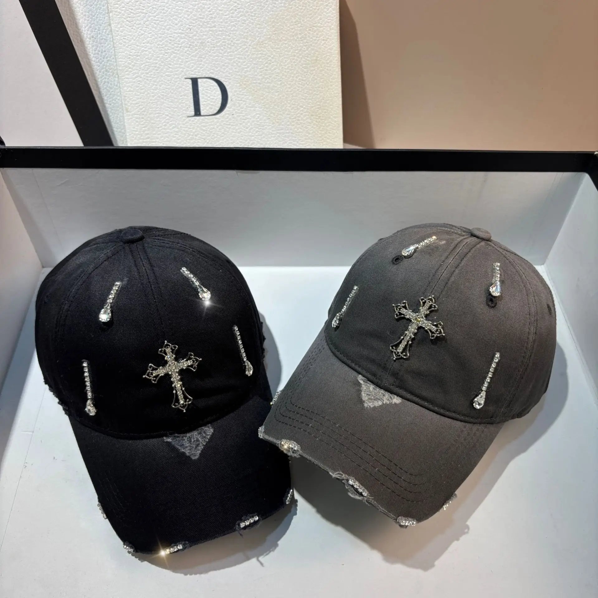 

Trendy Rhinestone Cross Baseball Cap, Vintage Distressed Hole Hat, Streetwear Baseball Cap for All Seasons
