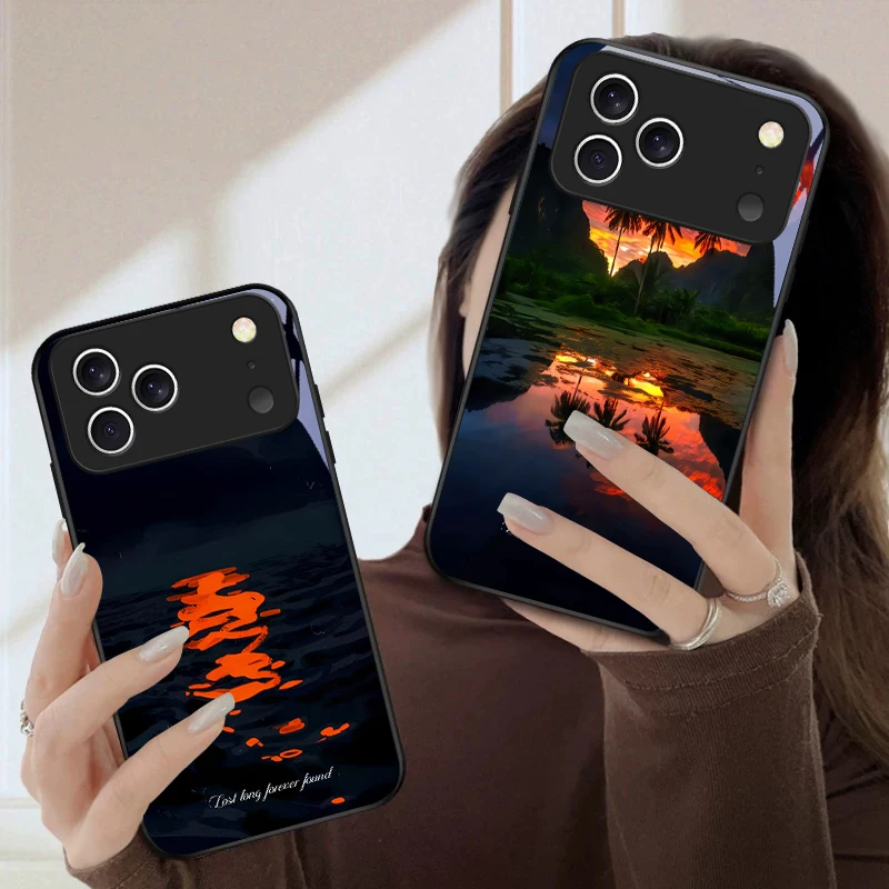 

Orange red water surface For iPhone 17 Pro Max 16 E 15 Plus 14 Pro 13 12mini 11 Air XS Max 5 6 7 8Plus SE Black Glass Phone Case
