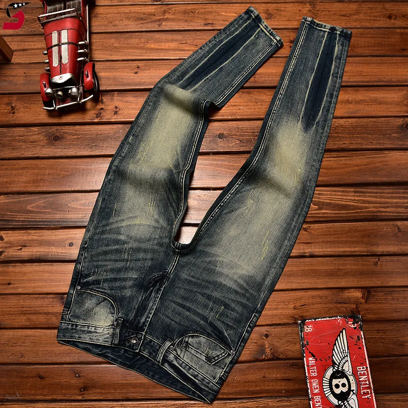 Jeans di fascia alta moda di strada da uomo Slim autunno e inverno Casual All-Matching e bei pantaloni da moto nostalgici retrò