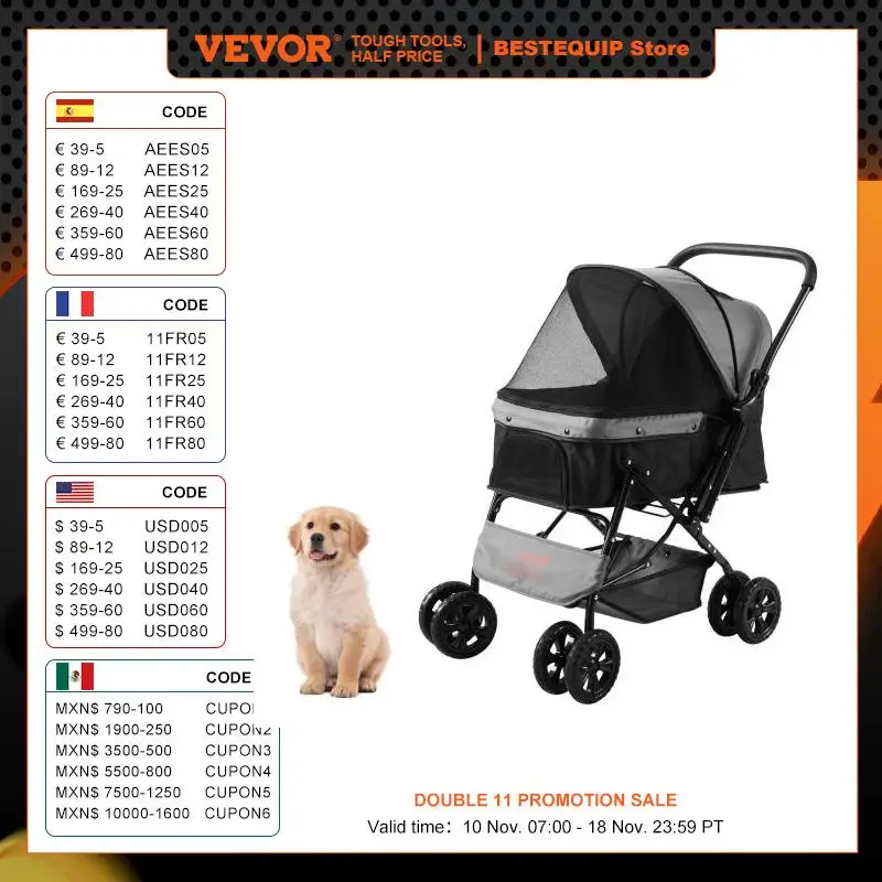 VEVOR 44lbs Pet Dog Stroller 4 Wheels Puppy Stroller Rotate with Brakes Storage Basket Reversible Handlebar for Dogs Cats Travel