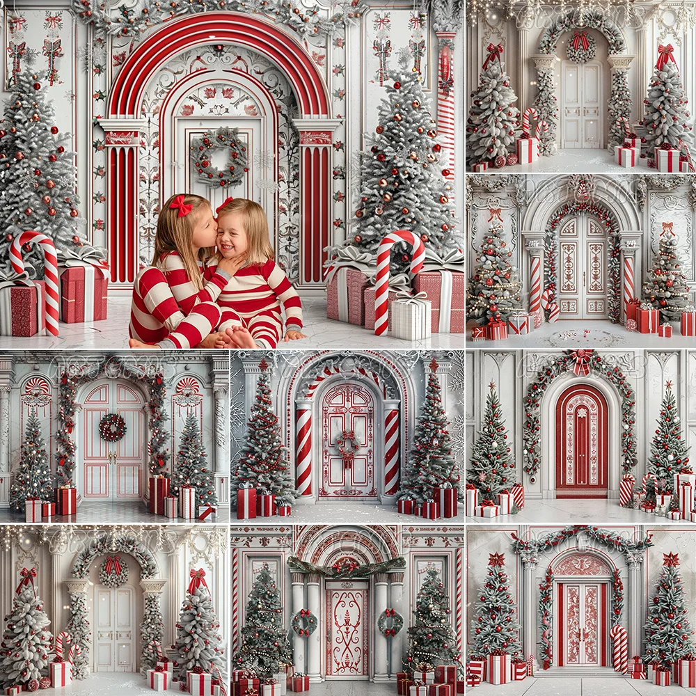 Christmas Photography Backdrop Candy White Christmas Gate Present Vintage Arched Door Gift Background Photo Studio Photocall