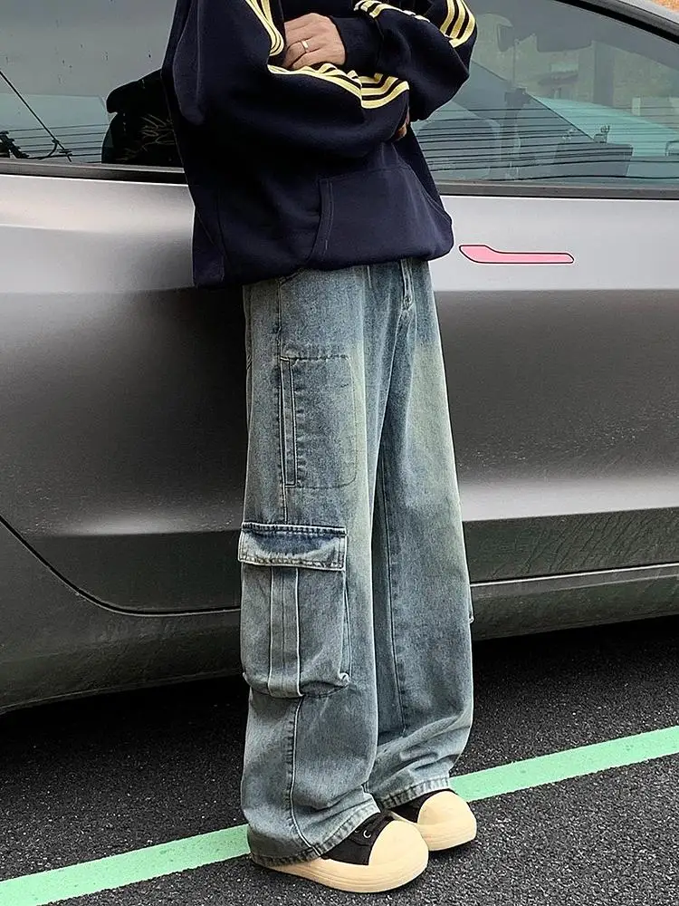 

Модные мужские широкие джинсы в рабочем стиле, осенние свободные брюки в уличном стиле, винтажные длинные повседневные джинсы с большими карманами