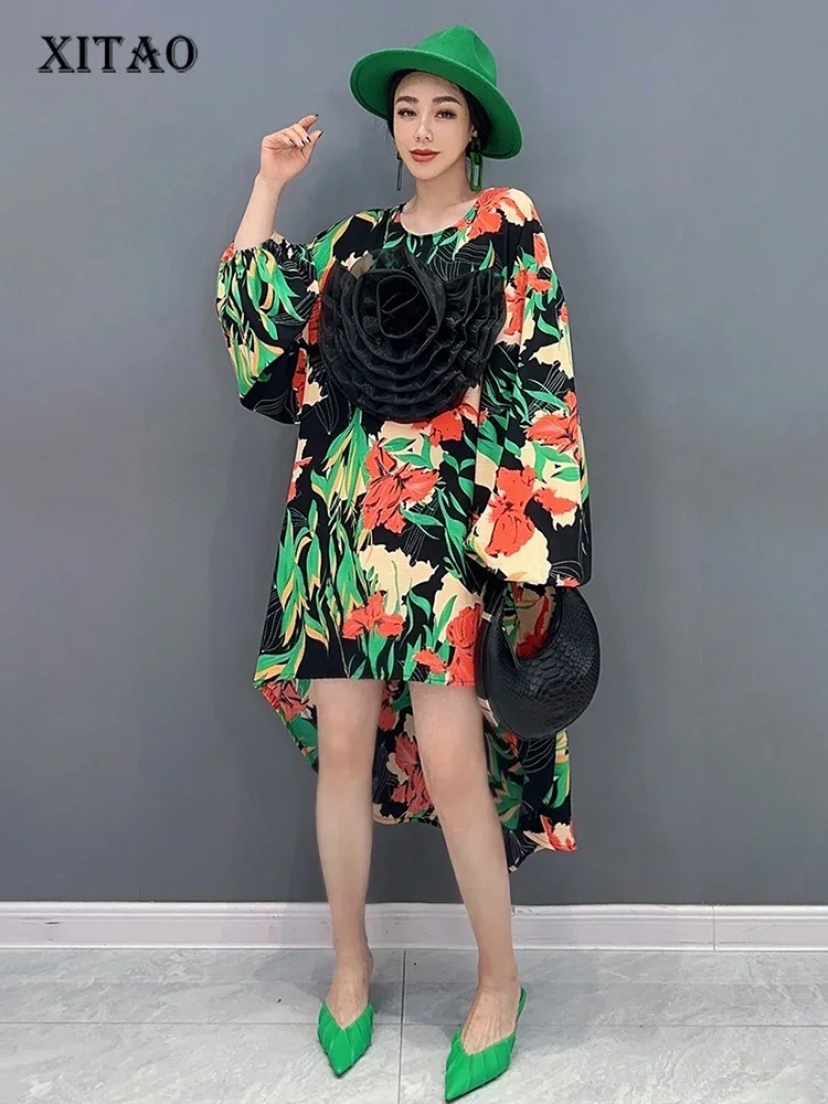 

XITAO Printed Dress Three-dimensional Flower Casual New Personality Lantern Sleeve Loose Fashion Summer Loose Dress LYD1844