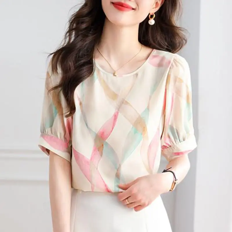 Women Summer Korean Fashion Loose Printing O-neck Short Sleeve Chiffon Shirts Women Clothes Casual All-match Appear Thin Top Tee