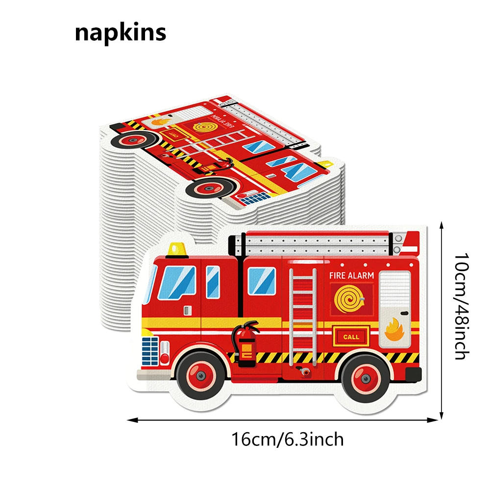 20/100pcs Cartoon Fire Engine Disposable Paper Napkins Fire Truck‑Shaped Napkin Fireman Themed Birthday Baby Shower Decorations