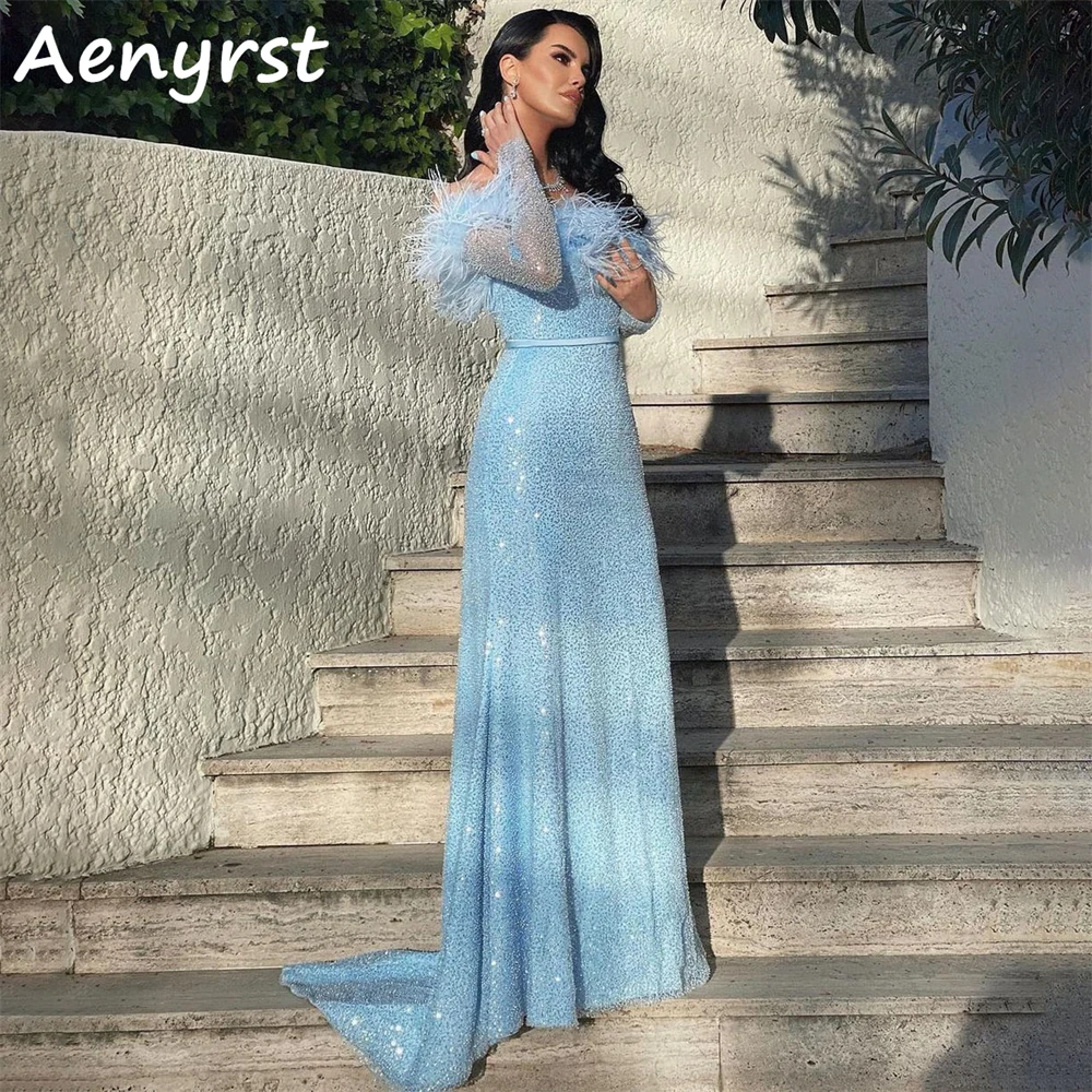 Aenyrst vestido de noche con lentejuelas brillantes, hombros descubiertos, plumas de sirena, Bodycon, largo hasta el suelo, vestidos de fiesta de cena