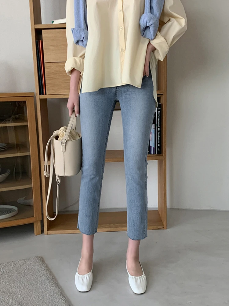 Light Blue Jeans Women Straight Leg Elastic Chic Boyfriend Pants Denim Streetwear Women Ladies Cargo Pants New Fashion 2023