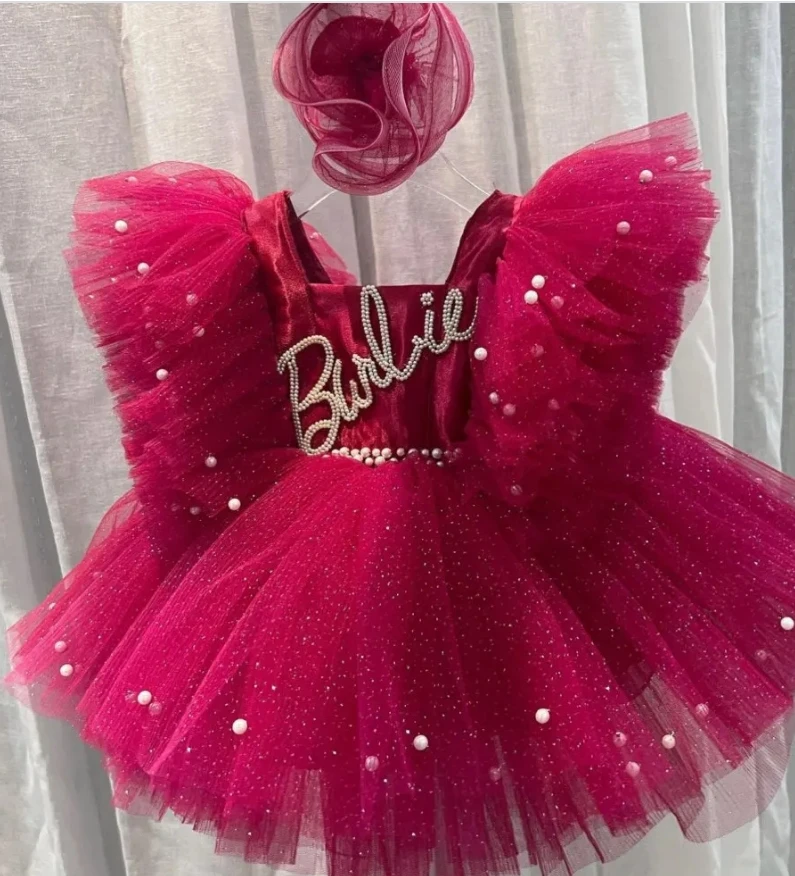 

Hot pink baby first birthday dress girls celebration dress tutu dress with pearl beads