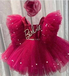 Hot pink baby first birthday dress girls celebration dress tutu dress with pearl beads