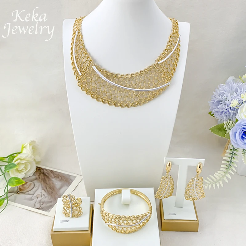

Trendy Golden Necklace Earring Bracelet Ring Original Luxury Big Size Gold Plated Jewelry Set for Women Party Wedding Gifts