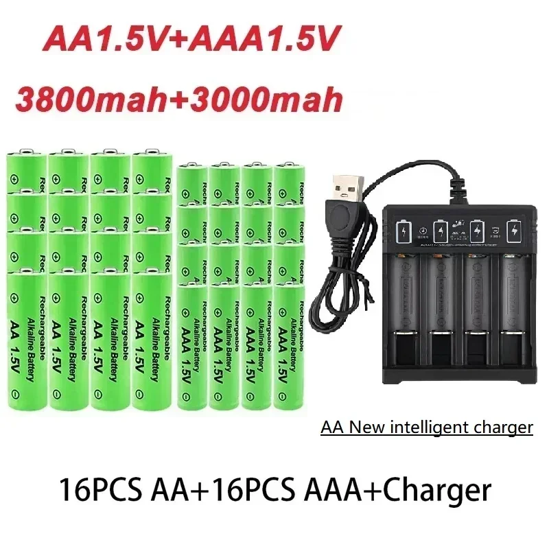 Christmas Series AA/AAA 1.5V Rechargeable Batteries (3800/3000mAh) USB Charger for LED Flashlight, Toys, Remote, Electronics