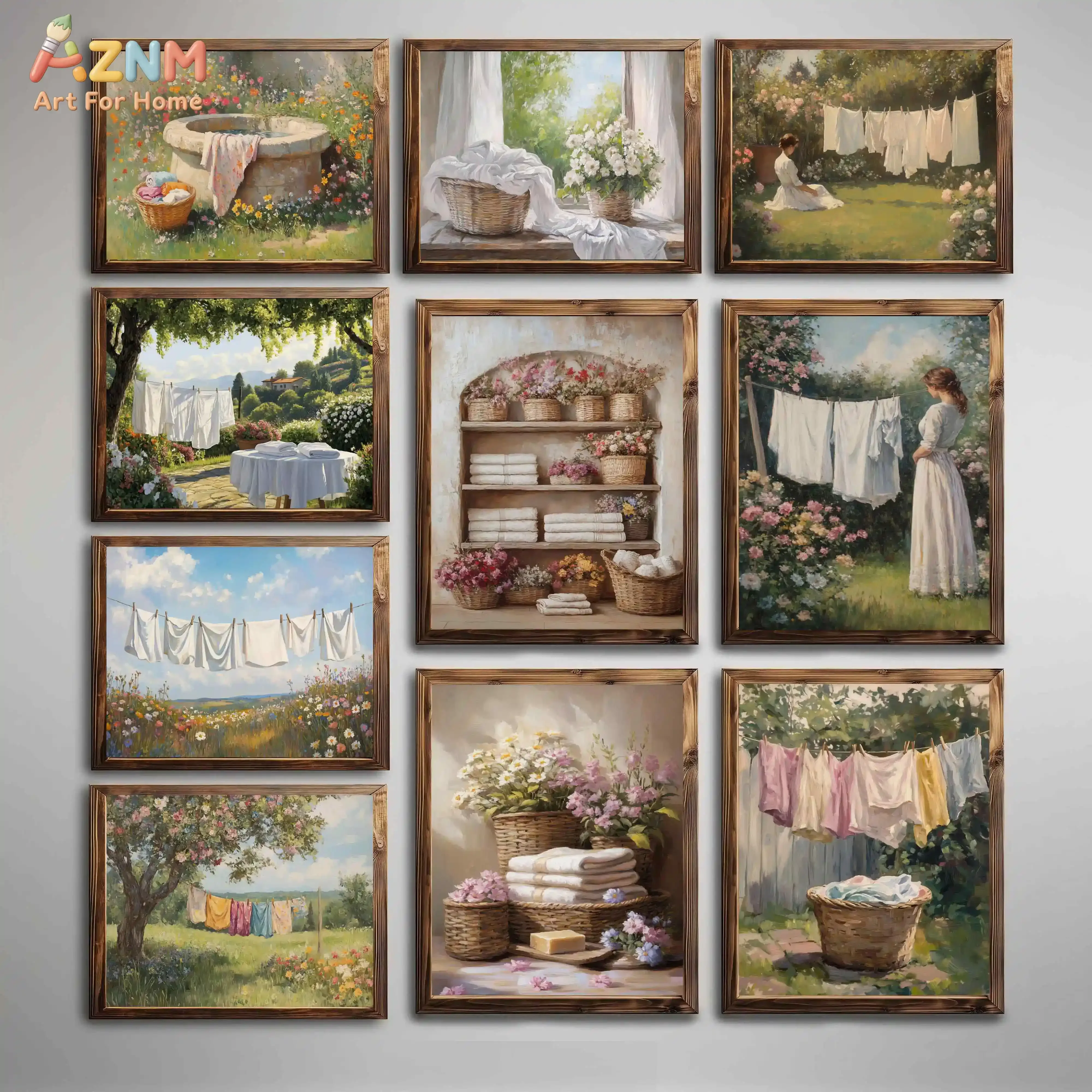 AZNM Vintage Laundry Day Canvas Wall Art, Countryside Garden Hanging Clothes Floral Basket Rustic Oil Painting Illustration Prin