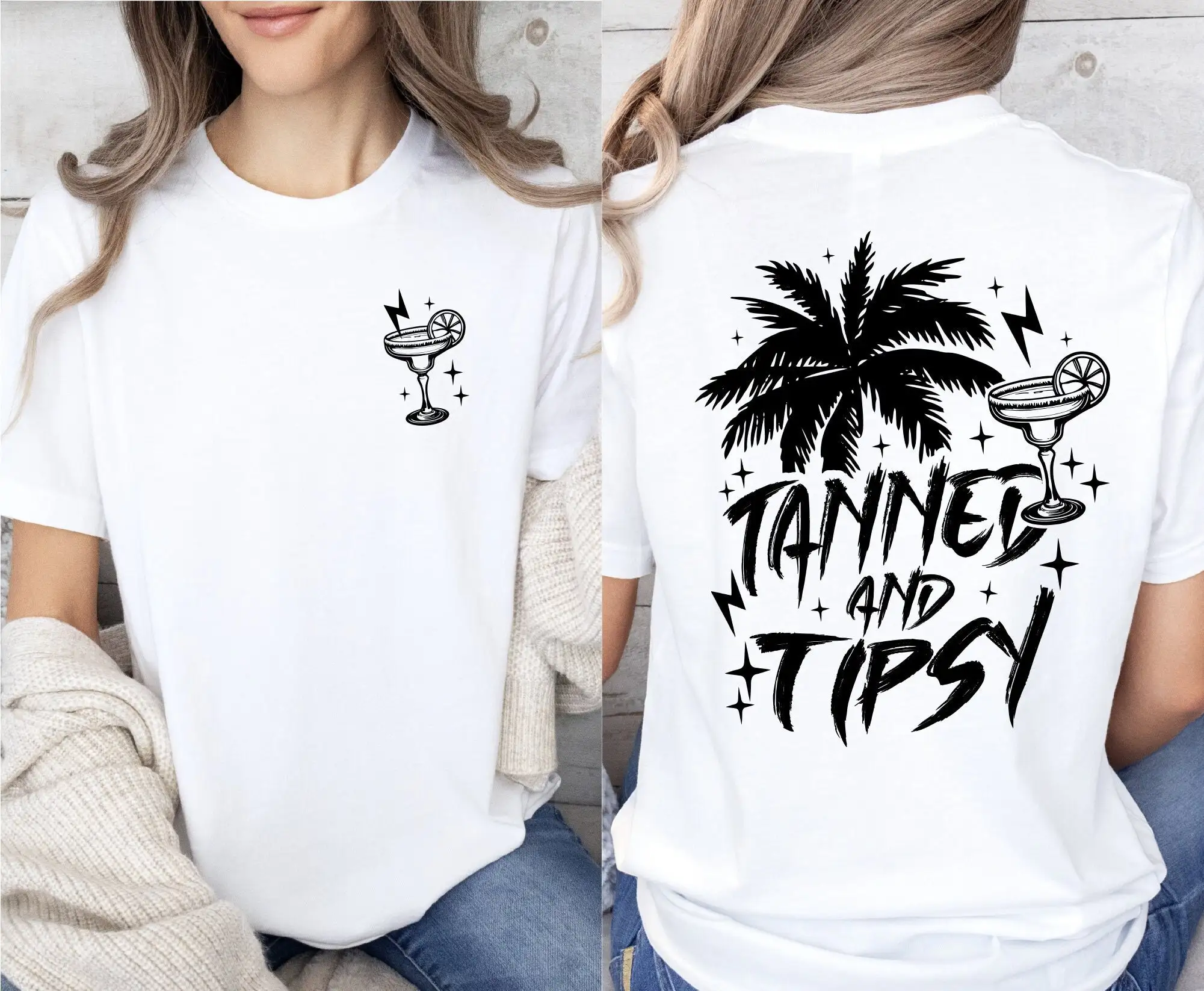 Tanned And Tipsy T Shirt With Front Back Pockets The Ultimate Summer For Beach Holidays Day Drinks S