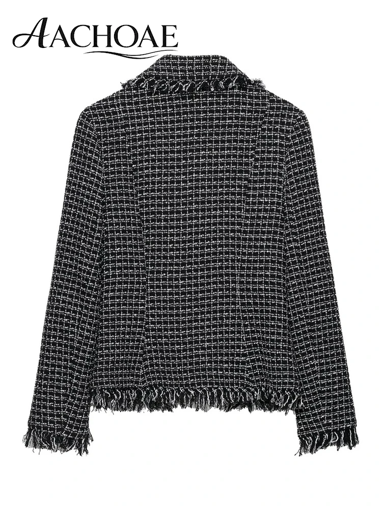 AACHOAE Women Textured Tweed Blazer Frayed Trim Slim Lapel Button Front Long Sleeve Vintage Elegant Suit Jacket Autumn Outerwear