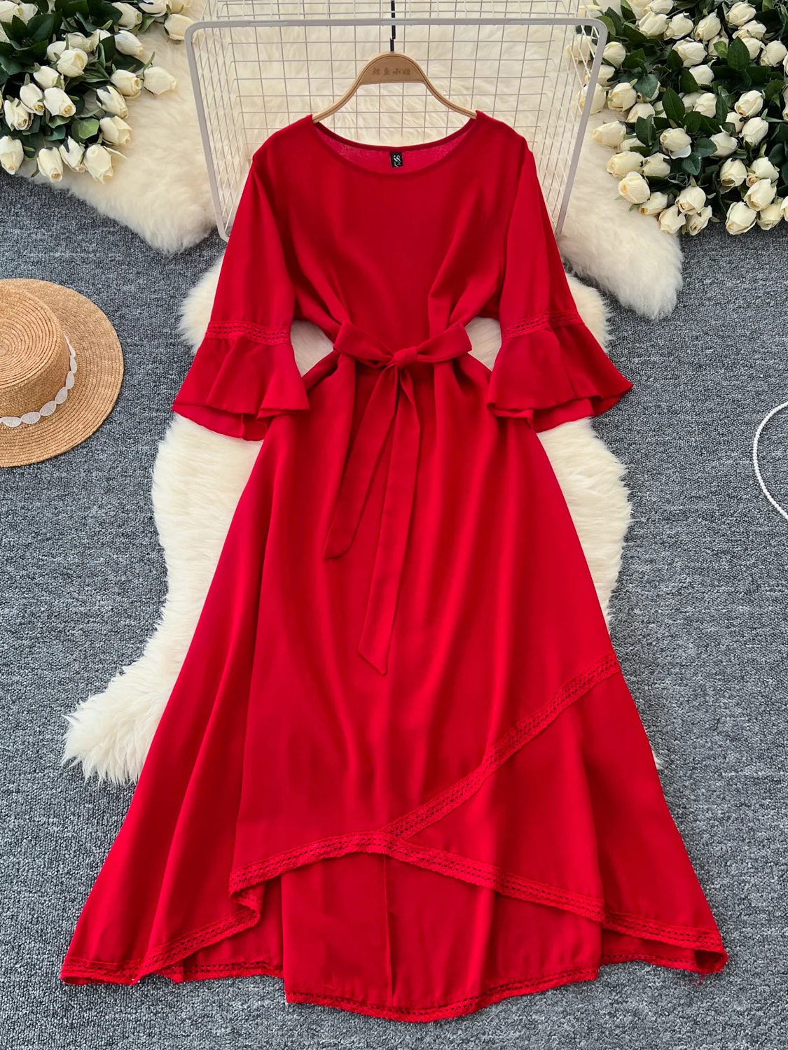 

Summer Vintage Women Lace Patchwork Long Dress Casual Round Neck Flare Sleeve High Waist A-Line Irregular Vestidos Female New