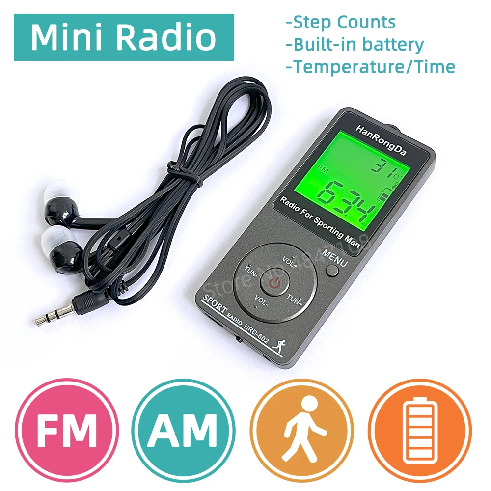 Portable Radio Mini Pocket FM AM Big LCD Screen High Sensitivity Digital Receiver Sport Mode With Step Counting Function