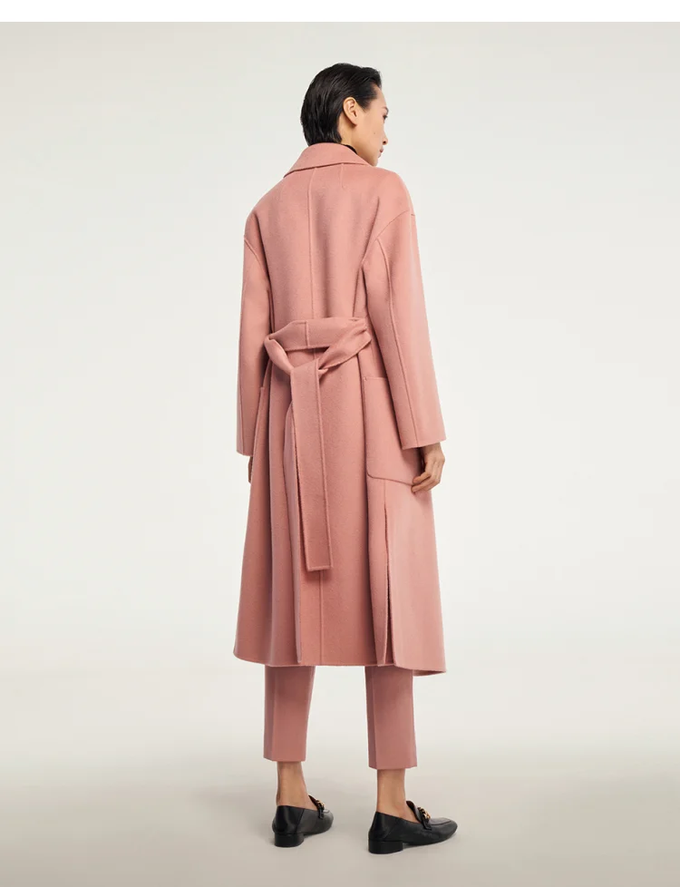 High-end Sheep Wool Autumn and Winter Women's Coat New Pink Long Cashmere Belted Coat Soft and Smooth Warm Luxury Women's Wear