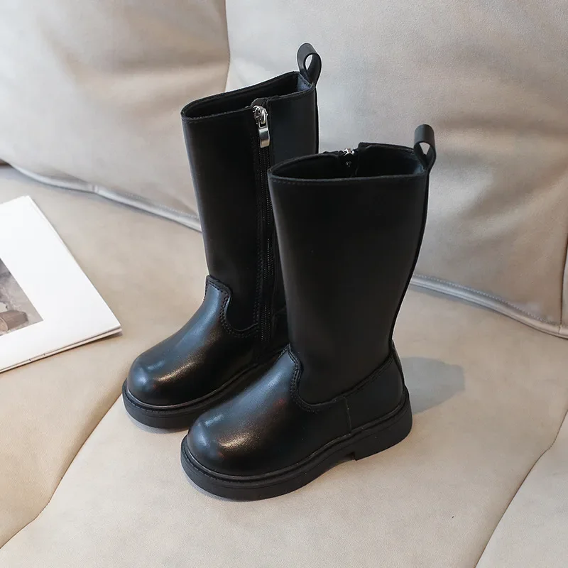 

Fleece Boots Children Winter Leather Boots Warm Solid Color Girls Korean Casual Knight Boots Girls High Top Thin Side Zipper