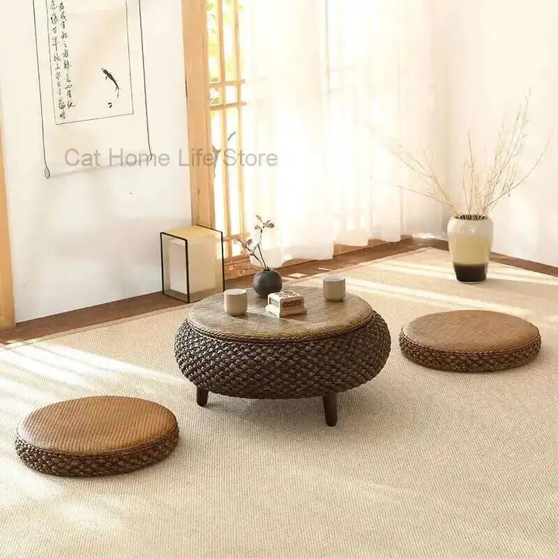 

Retro Rattan Japanese Table Household Style Coffee Simple Futon Cushion Solid Wood Window Service tables basses home furniture