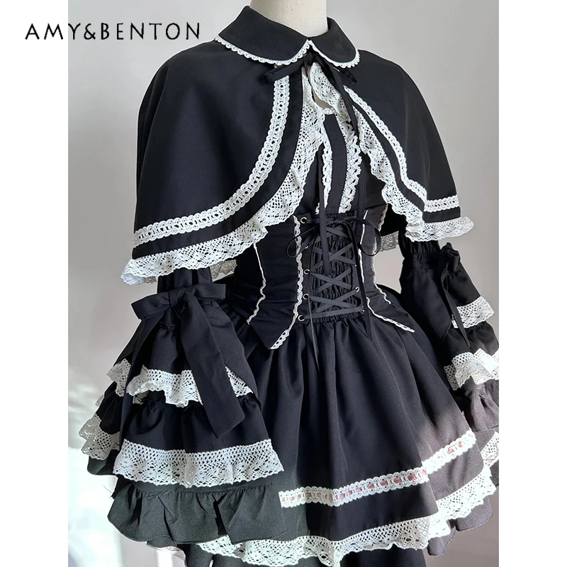 Gothic Black Lolita Cape Outfits Japanese Style Punk Subculture Doll Collar Cape Slim Multi-layer Tutu Dress Two-piece Set Women