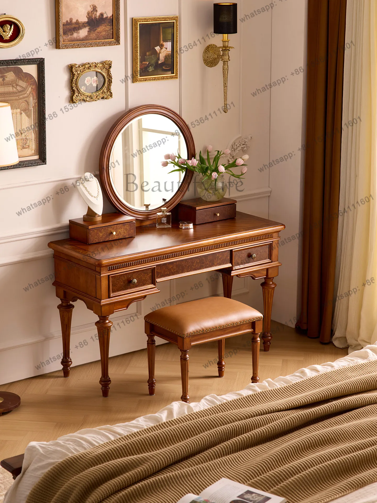French retro solid wood dressing table with round mirror bedroom light luxury dressing table stool combination