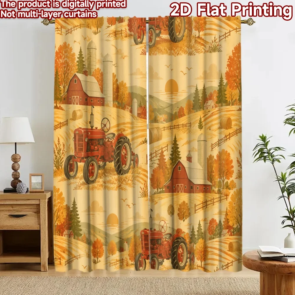 2D flat 2pcs Curtain Home Short Curtains Autumn Farm Tractors Digitally printed polyester Birthday Party for Yard & Garden