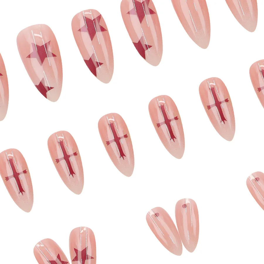24 pçs imprensa em unhas amêndoa vestindo armadura estrela doce legal picante menina cruz prego remendo gradiente avançado ins estilo ponta do prego falso