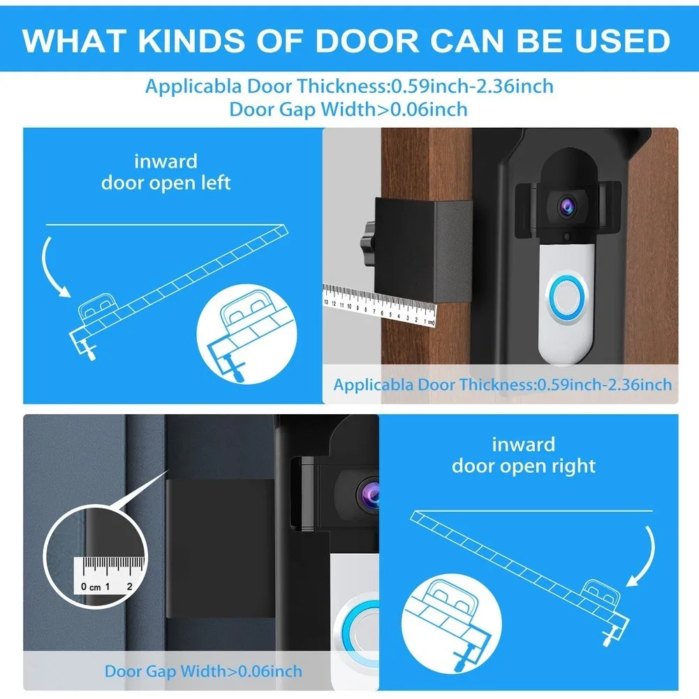 Video doorbell bracket for easy no-drill setup fits door thickness 0.59 in to 2.36 in optimized for sensor exposure