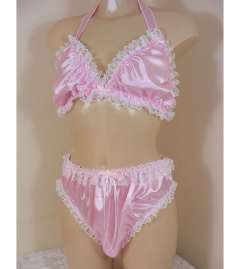 Sissy Silky Pink Satin Bra e Calcinha Conjunto, Top Roupa Interior, Lingerie Masculina, Calcinhas