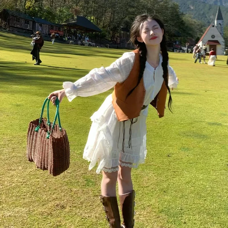 Vaion Travel n Sle Layered Lace Dr Zweiteiliges Set mit unregelmäßigem Saum, Retro-Damenweste mit weißem Überlappungsdesign