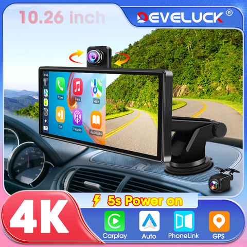 10.26인치 4K 블랙박스, CarPlay 및 Android Auto 지원, 360° 회전, 5G Wi-Fi, GPS 내비게이션, FM/AUX, 후방 카메라 및 비디오 녹화 기능​