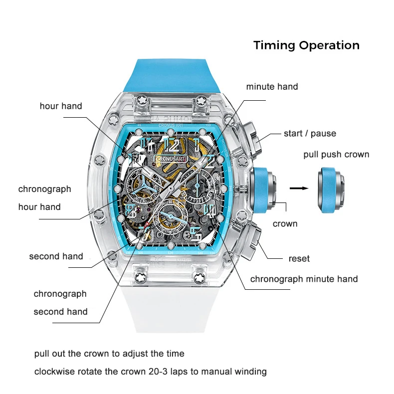 CRONUSART Мужские часы-хронограф 50 мм Механические наручные часы Tonneau Сапфировый корпус Светящийся ремешок из фторкаучука Большие тройные окна