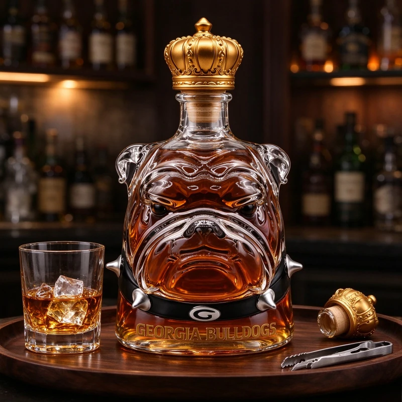 Bulldog Dog Glass Decanter Creative Whiskey Bourbon Bottle with Gold Crown Stopper Home Bar Decoration